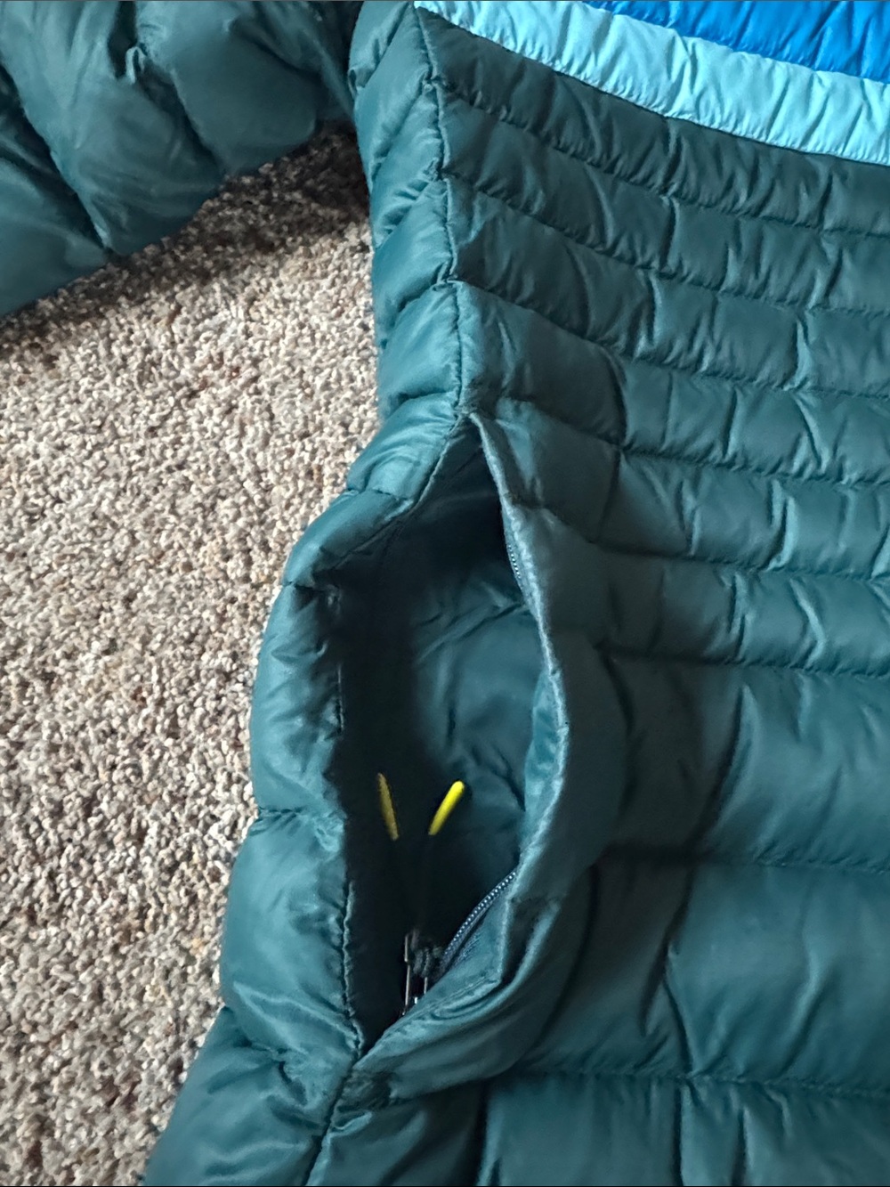 Cotopaxi Fuego Teal Hooded Long Puffer with Blue Stripe Accents - Picture 3 of 8